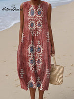 Women's Vintage Ethnic Pattern Art Print Sleeveless Cotton Pocket Wrap Dress