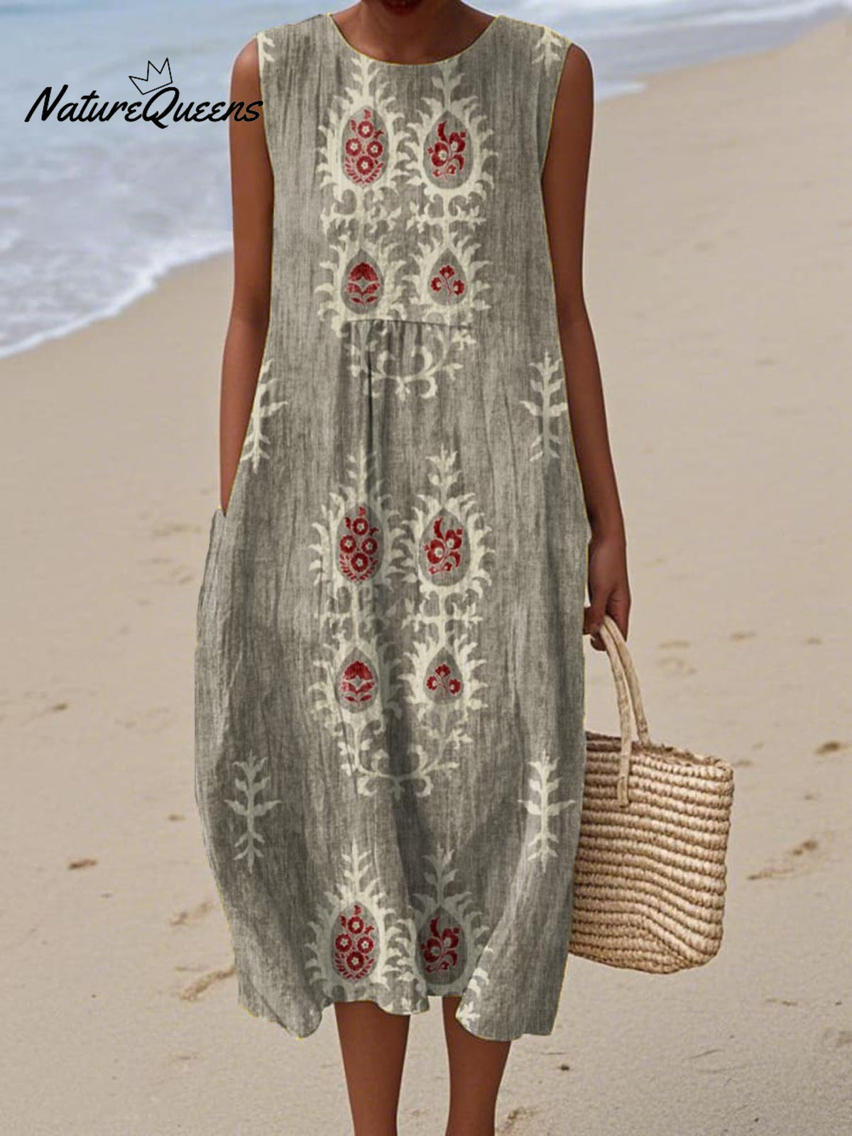 Women's Vintage Ethnic Pattern Art Print Sleeveless Cotton Pocket Wrap Dress