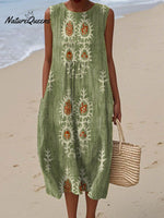 Women's Vintage Ethnic Pattern Art Print Sleeveless Cotton Pocket Wrap Dress