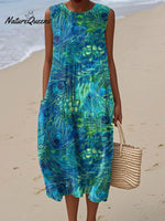 Women's Peacock Feather Pattern Art Print Sleeveless Cotton Pocket Wrap Dress