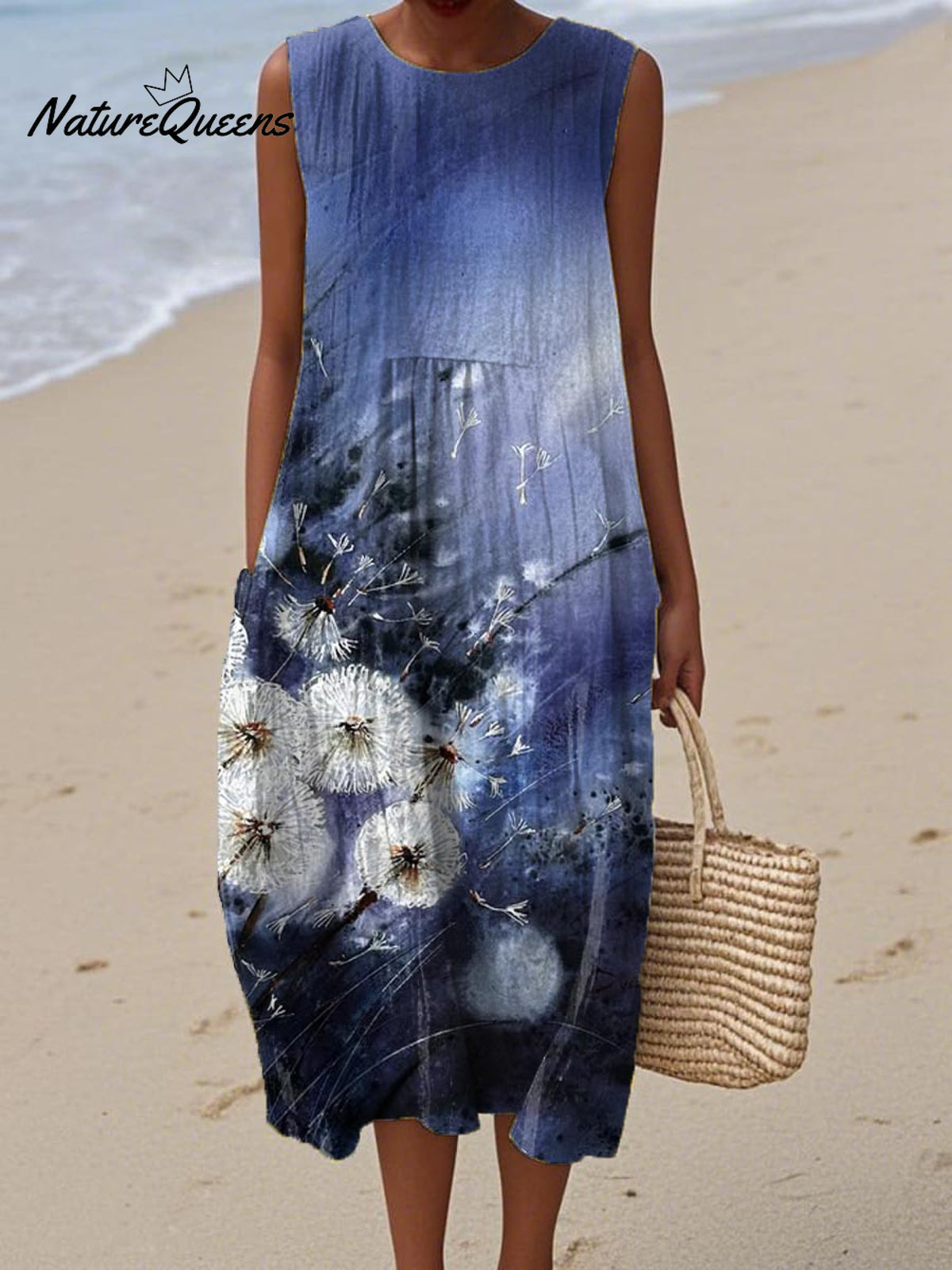 Women's Vintage Lovely Dandelion Art Print Sleeveless Cotton Pocket Wrap Dress