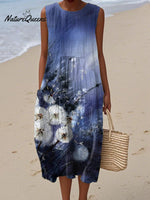Women's Vintage Lovely Dandelion Art Print Sleeveless Cotton Pocket Wrap Dress