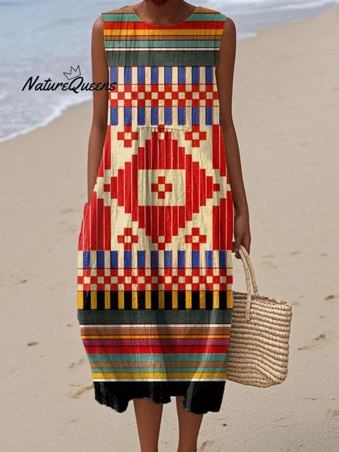 Women's Geometric Pattern Art Print Sleeveless Cotton Pocket Wrap Dress