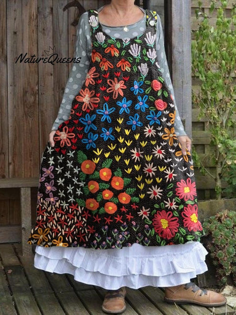 Women's Lovely Floral Art Print Sleeveless Cotton Pocket Wrap Dress
