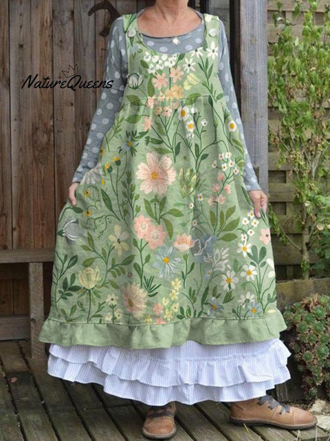 Women's Lovely Floral Art Print Sleeveless Cotton Pocket Wrap Dress