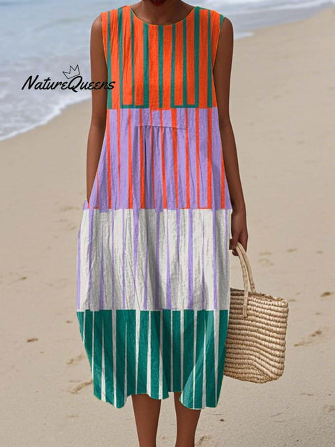 Women's Geometric Pattern Art Print Sleeveless Cotton Pocket Wrap Dress