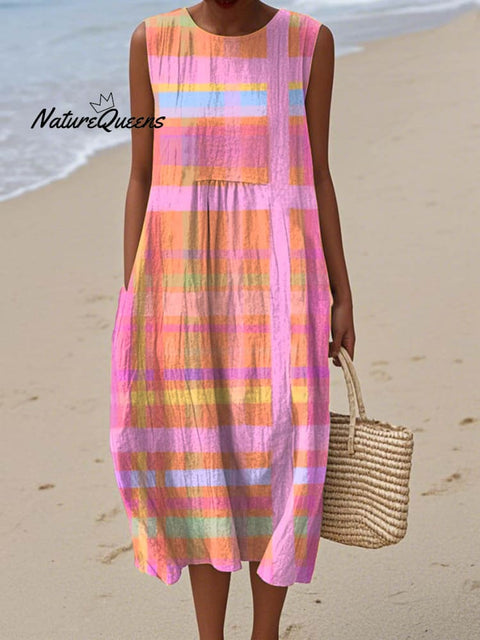 Women's Geometric Plaid Pattern Art Print Sleeveless Cotton Pocket Wrap Dress