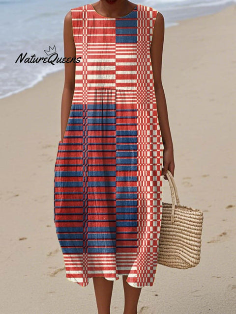 Women's Geometric Pattern Art Print Sleeveless Cotton Pocket Wrap Dress