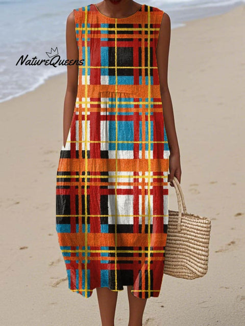 Women's Geometric Plaid Pattern Art Print Sleeveless Cotton Pocket Wrap Dress