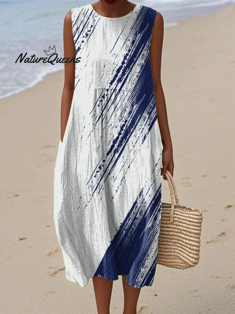 Women's Abstract Pattern Art Print Sleeveless Cotton Pocket Wrap Dress