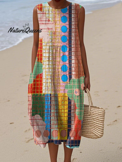 Women's Geometric Pattern Art Print Sleeveless Cotton Pocket Wrap Dress