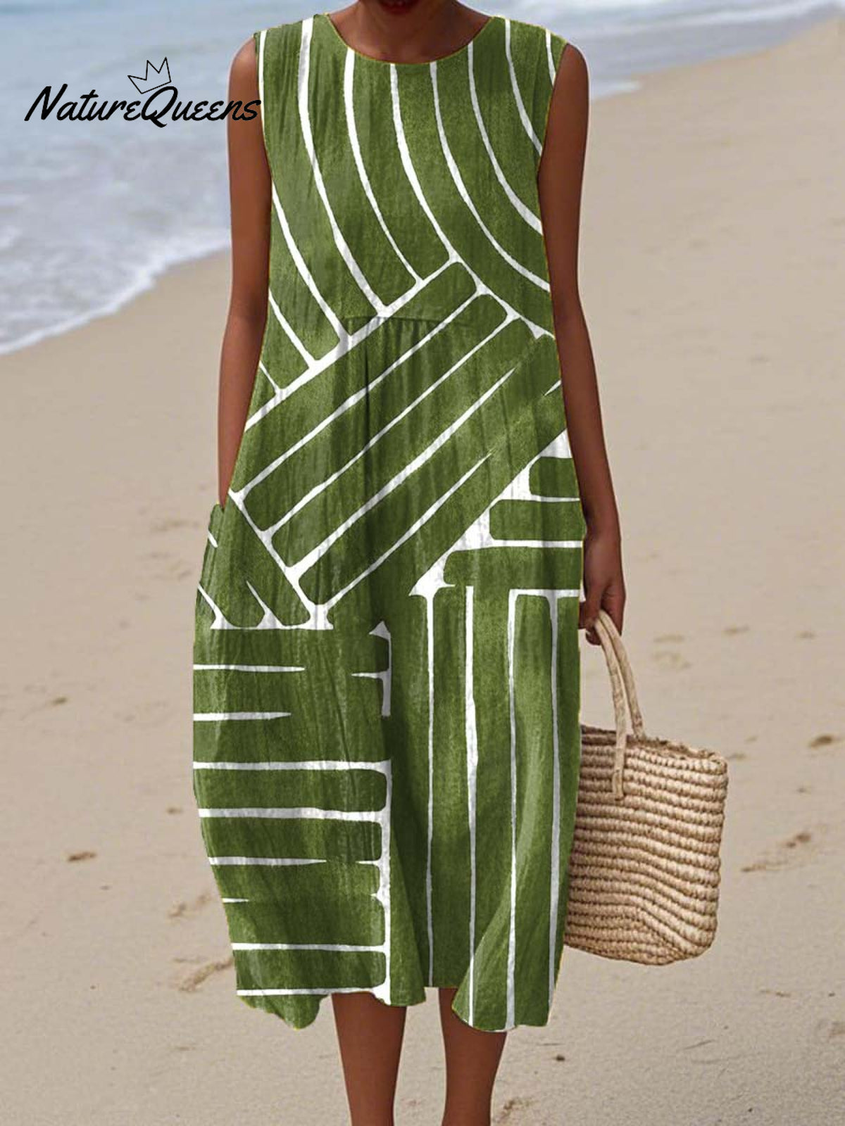 Women's Geometric Pattern Art Print Sleeveless Cotton Pocket Wrap Dress