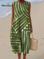 Women's Geometric Pattern Art Print Sleeveless Cotton Pocket Wrap Dress