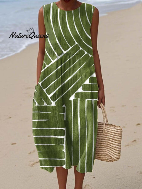 Women's Geometric Pattern Art Print Sleeveless Cotton Pocket Wrap Dress