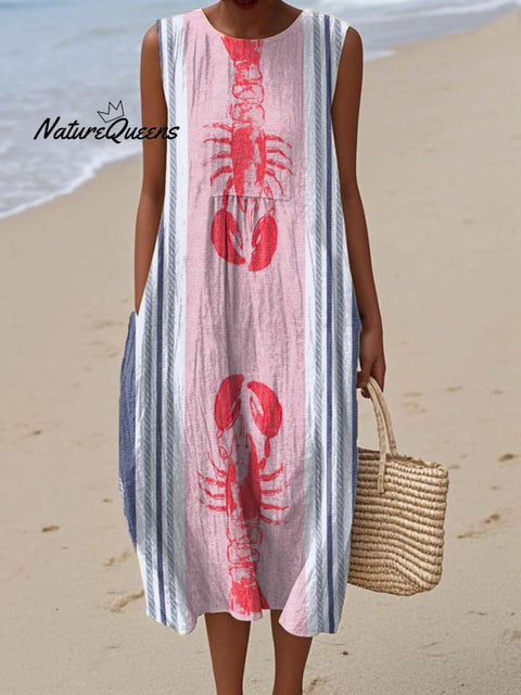 Women's Lovely Lobster Art Print Sleeveless Cotton Pocket Wrap Dress