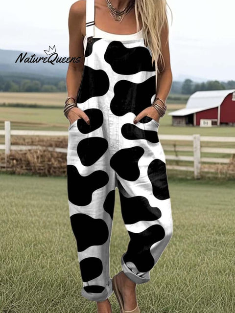 Women's Lovely Cow Pattern Art Print Casual 100% Cotton Wide Leg Jumpsuit