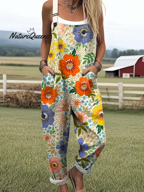 Women's Lovely Floral Pattern Art Print Casual 100% Cotton Wide Leg Jumpsuit
