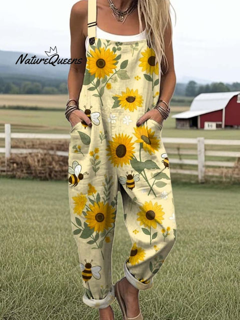 Women's Lovely Sunflower Bees Art Print Casual 100% Cotton Wide Leg Jumpsuit