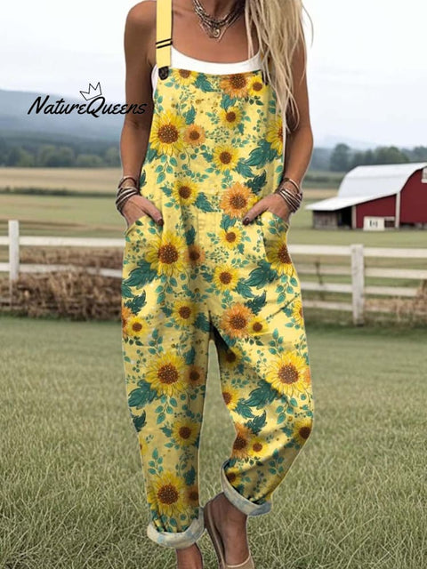 Women's Lovely Sunflower Art Print Casual 100% Cotton Wide Leg Jumpsuit
