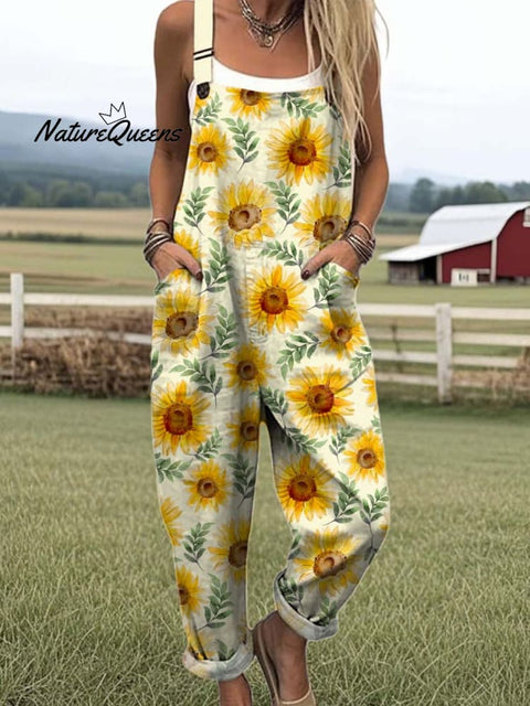 Women's Lovely Sunflowers Art Print Casual 100% Cotton Wide Leg Jumpsuit