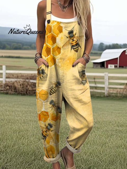 Women's Lovely Bees Art Print Casual 100% Cotton Wide Leg Jumpsuit