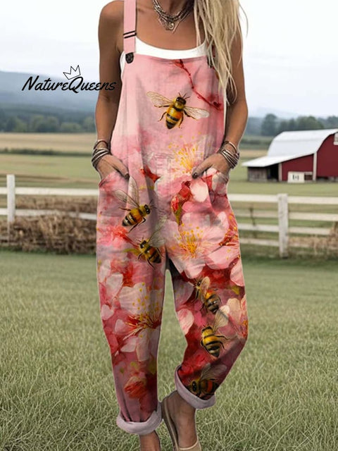 Women's Lovely Bees Floral Art Print Casual 100% Cotton Wide Leg Jumpsuit