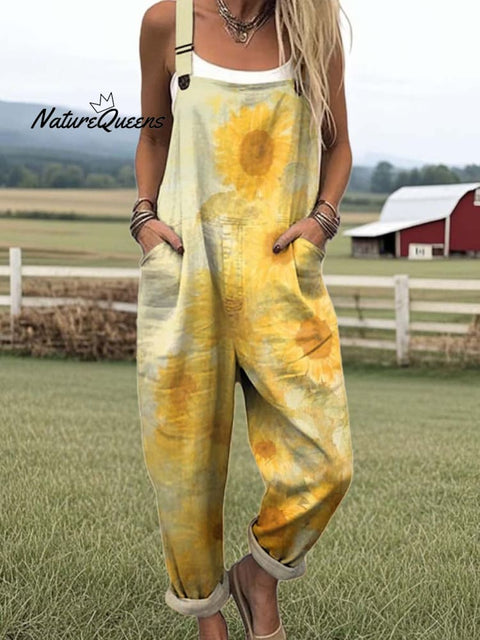 Women's Lovely Sunflower Art Print Casual 100% Cotton Wide Leg Jumpsuit