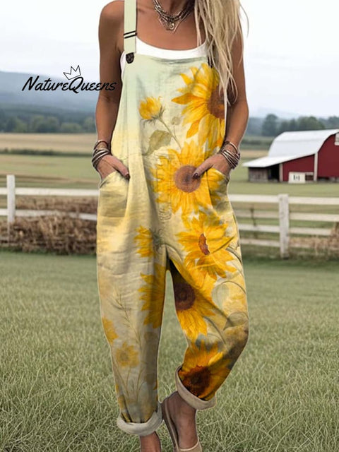 Women's Lovely Sunflower Art Print Casual 100% Cotton Wide Leg Jumpsuit