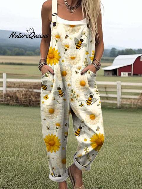 Women's Lovely Sunflower Bees Art Print Casual 100% Cotton Wide Leg Jumpsuit