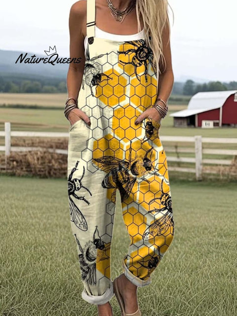 Women's Lovely Bees Art Print Casual 100% Cotton Wide Leg Jumpsuit