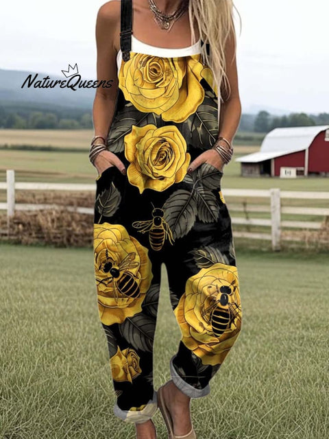 Women's Lovely Floral Bees Art Print Casual 100% Cotton Wide Leg Jumpsuit