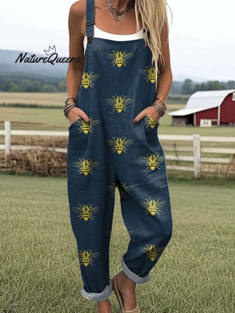Women's Lovely Bees Art Print Casual 100% Cotton Wide Leg Jumpsuit