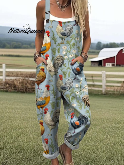 Women's Lovely Chicken Art Print Casual 100% Cotton Wide Leg Jumpsuit