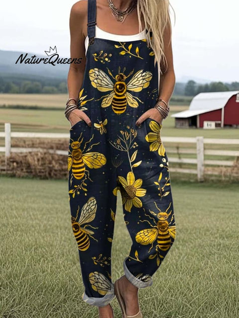 Women's Lovely Floral Bees Art Print Casual 100% Cotton Wide Leg Jumpsuit