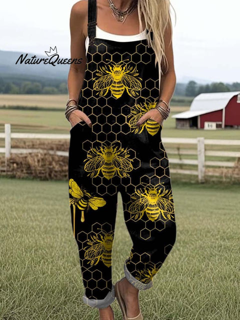 Women's Lovely Bees Art Print Casual 100% Cotton Wide Leg Jumpsuit