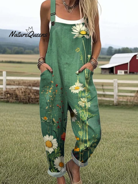 Women's Lovely Floral Art Print Casual 100% Cotton Wide Leg Jumpsuit