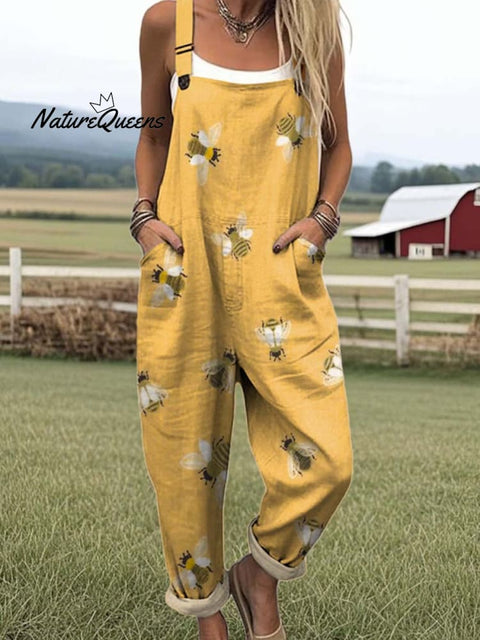 Women's Lovely Bees Art Print Casual 100% Cotton Wide Leg Jumpsuit