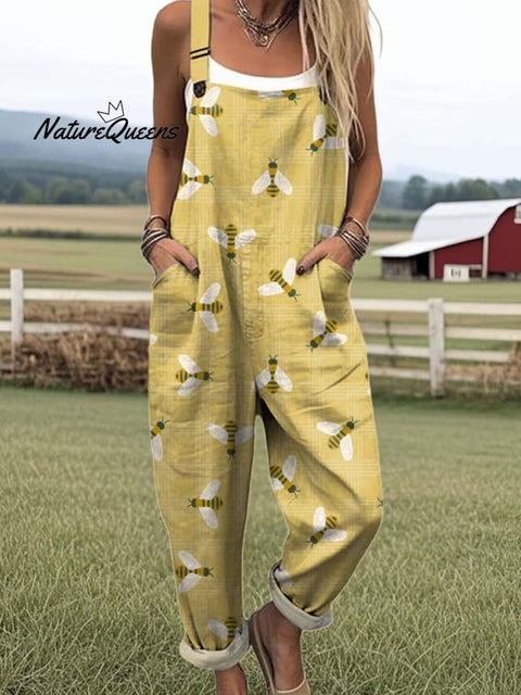 Women's Lovely Bees Art Print Casual 100% Cotton Wide Leg Jumpsuit