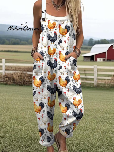 Women's Lovely Chicken Art Print Casual 100% Cotton Wide Leg Jumpsuit