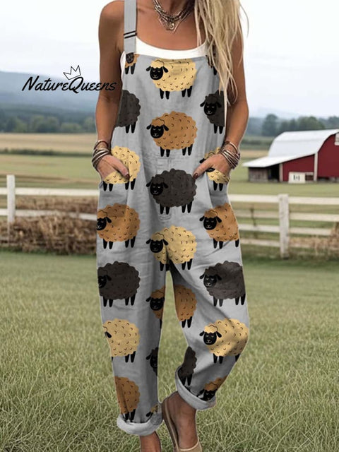 Women's Lovely Sheep Art Print Casual 100% Cotton Wide Leg Jumpsuit