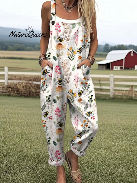 Women's Lovely Floral Bees Art Print Casual 100% Cotton Wide Leg Jumpsuit