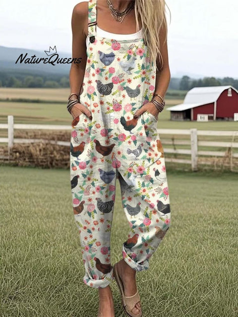 Women's Lovely Chicken Floral Art Print Casual 100% Cotton Wide Leg Jumpsuit