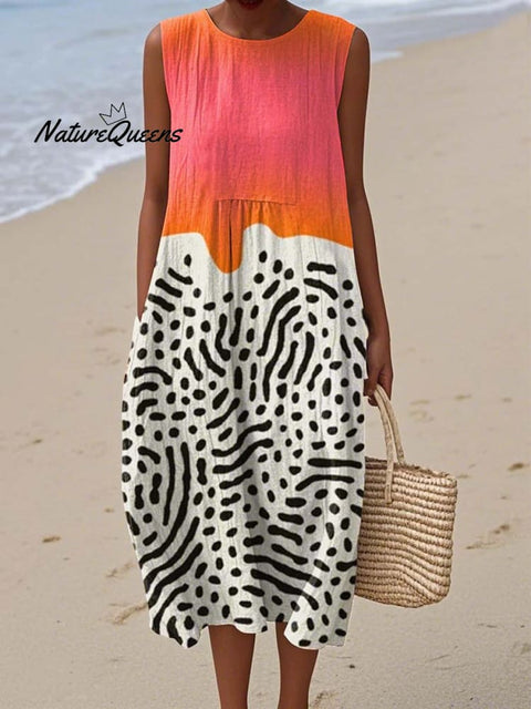 Women's Abstract Pattern Art Print Sleeveless Cotton Pocket Wrap Dress