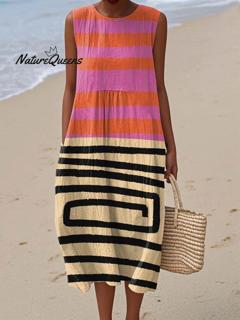 Women's Abstract Geometric Pattern Art Print Sleeveless Cotton Pocket Wrap Dress