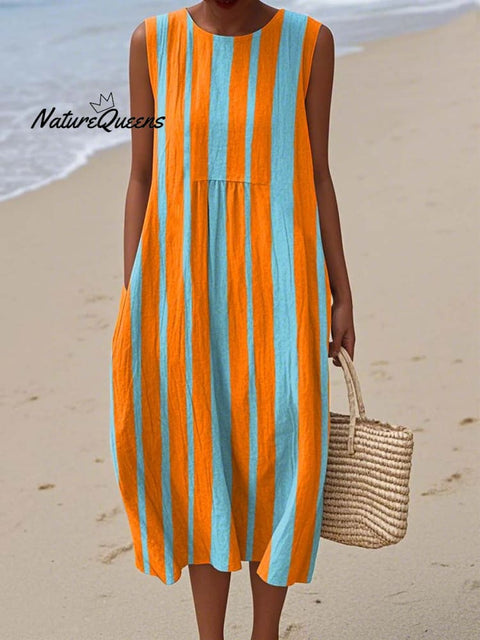 Women's Abstract Geometric Pattern Art Print Sleeveless Cotton Pocket Wrap Dress