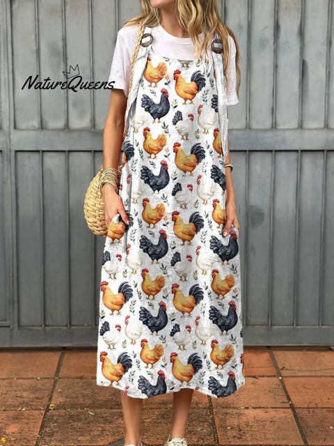 Women's Lovely Floral Chicken Art Print Cotton Pocket Suspender Dress
