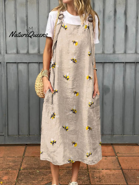 Women's Lovely Bees Art Print Cotton Pocket Suspender Dress
