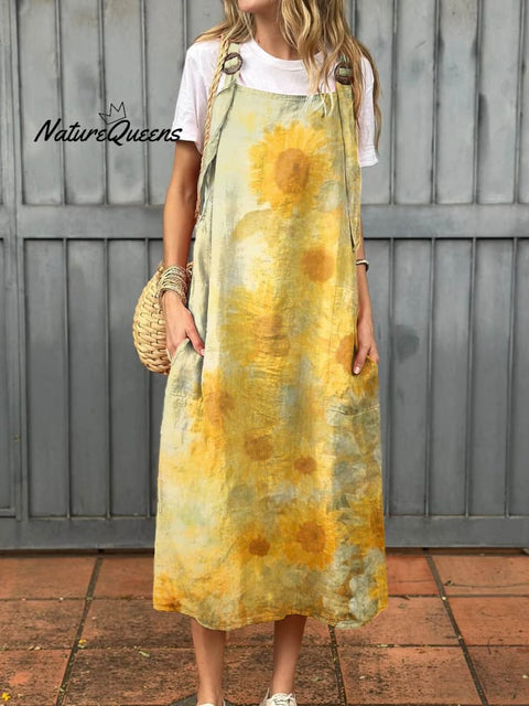 Women's Lovely Sunflowers Art Print Cotton Pocket Suspender Dress