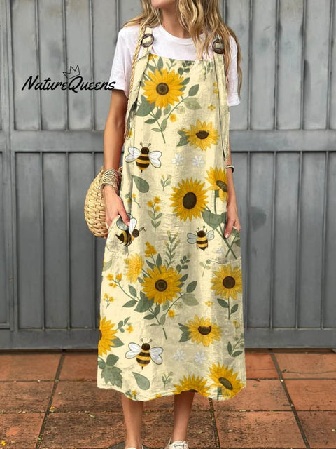 Women's Lovely Sunflower Bees Art Print Cotton Pocket Suspender Dress