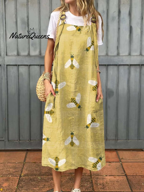 Women's Lovely Bees Art Print Cotton Pocket Suspender Dress